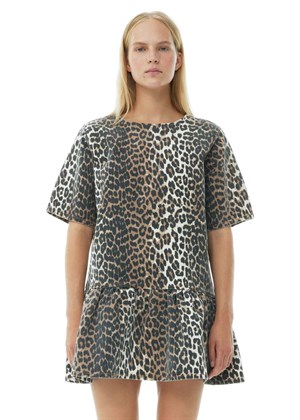 Print Denim Openback mini kjole Leopard J1444 Ganni 