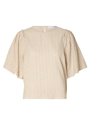 Hillie 2/4 striped linen top Snow white/Humus Selected Femme 