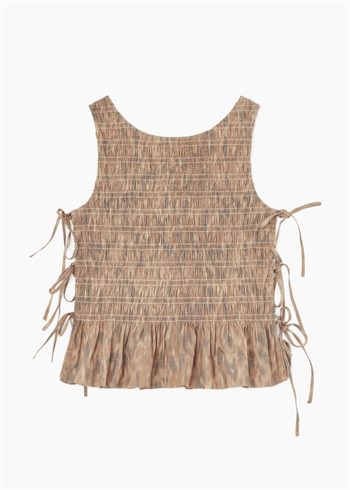 Printed stretch cotton smocked tie string top Burro A1040271 Ganni 