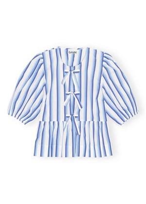 Stripe Cotton Peplum Puff sleeve bluse Silver Lake F9184 Ganni 