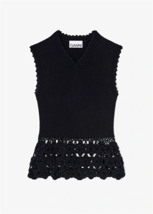 Fine cotton rib crochet vest Sort A1070251 Ganni 