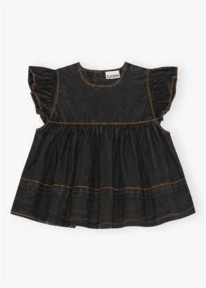 Garment dyed cotton frill sleeve top Sort W0587 Ganni 