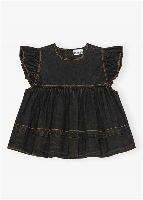 Garment dyed cotton frill sleeve top Sort W0587 Ganni 