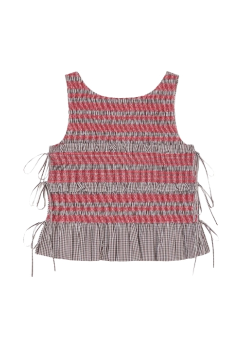 Check cotton smocked tie string top Chicory Coffee A1040365 Ganni 