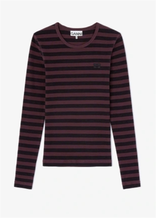 Soft cotton stripe rib longsleeve bluse Chocolate Plum A1050066 Ganni 