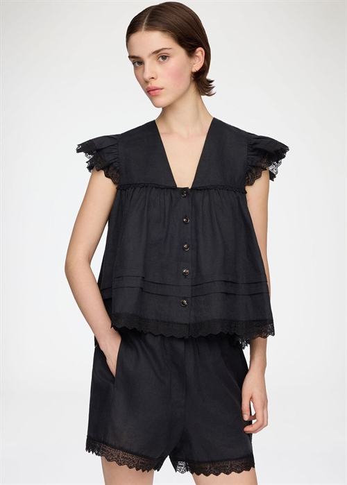 Light linen angel sleeve bluse Sort A1040370 Ganni 