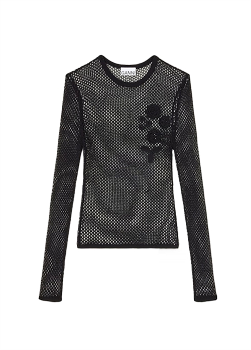 Mercerized cotton mesh pointelle longsleeve bluse Black A1070231 Ganni 