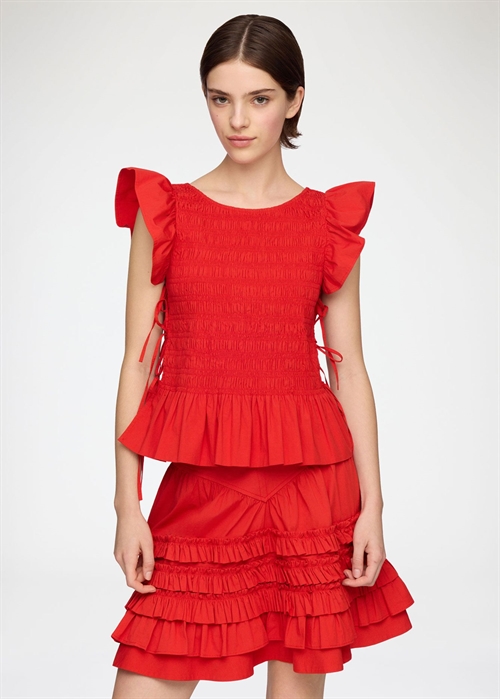 Stretch cotton angel sleeve smocked top Goji Berry A1040422 Ganni 