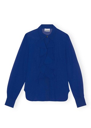 Chiffon ruffle skjorte Sodalite Blue F8221 Ganni