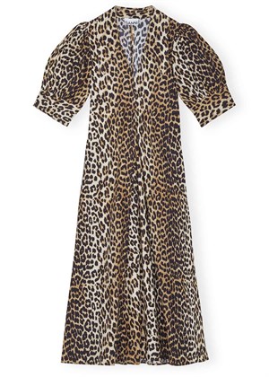 Printed Cotton poplin V-neck long kjole Leopard F8842 Ganni 