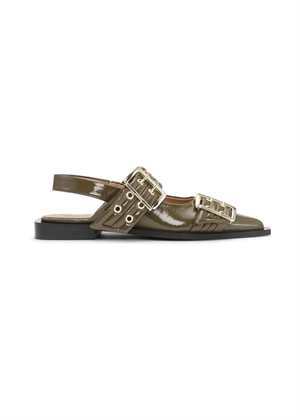 Feminine buckle ballerina naplack Military Olive S2872 Ganni 