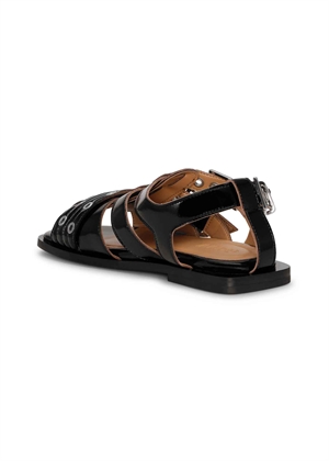 Feminine buckle flat strap naplack sandal Sort S2934 Ganni
