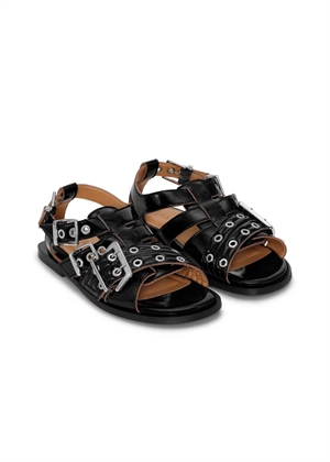 Feminine buckle flat strap naplack sandal Sort S2934 Ganni