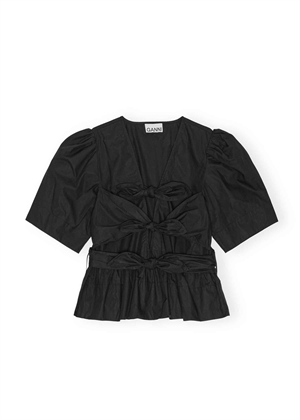 Washed stretch cotton tie strap bluse Black W0378 Ganni 