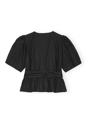 Washed stretch cotton tie strap bluse Black W0378 Ganni 