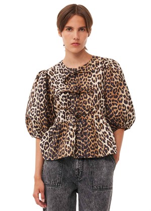 Printed Cotton Poplin Peplum bluse Leopard F9116 Ganni 