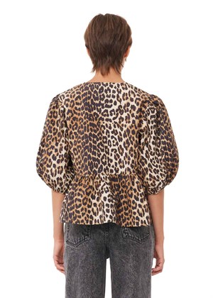 Printed Cotton Poplin Peplum bluse Leopard F9116 Ganni 