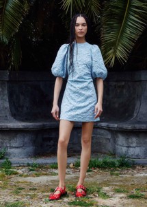 Stretch Jacquard puff sleeves mini kjole Sky Blue F8203 Ganni 