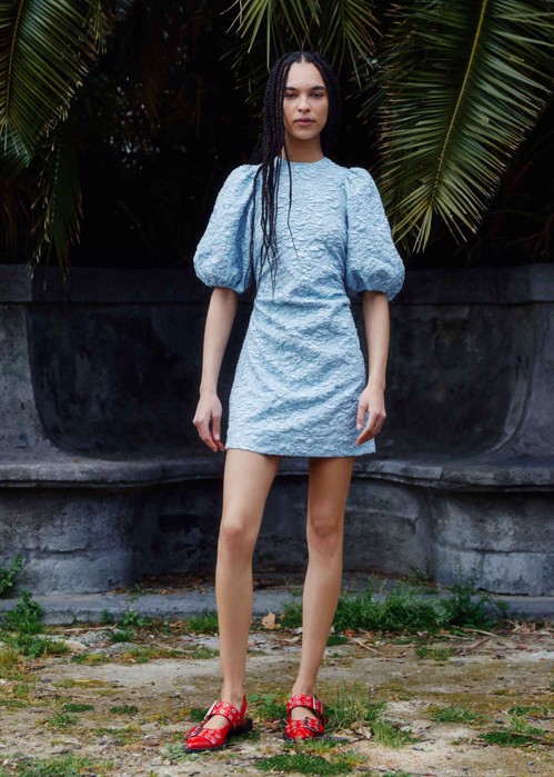 Stretch Jacquard puff sleeves mini kjole Sky Blue F8203 Ganni 