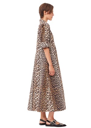 Printed Cotton poplin V-neck long kjole Leopard F8842 Ganni 