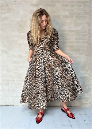 Printed Cotton poplin V-neck long kjole Leopard F8842 Ganni 