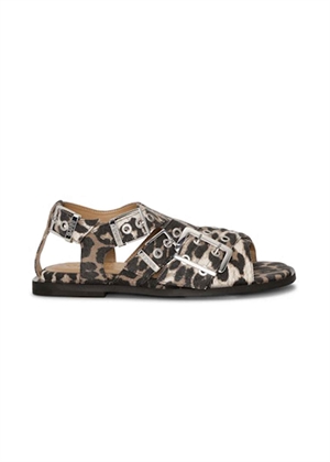 Feminine buckle flat strap denim print sandal Leopard S2936 Ganni