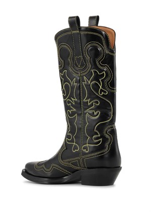 Mid Shaft Embroidered Western boot Yellow stitch Black S2169 Ganni