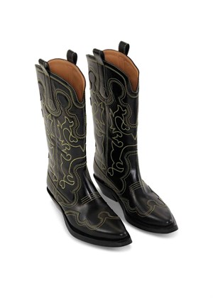 Mid Shaft Embroidered Western boot Yellow stitch Black S2169 Ganni