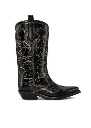 Mid Shaft Embroidered Western boot Yellow stitch Black S2169 Ganni