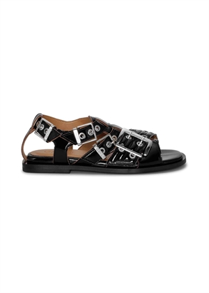 Feminine buckle flat strap naplack sandal Sort S2934 Ganni