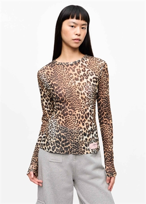Printed mari mesh long sleeve bluse Leopard T4208 Ganni 