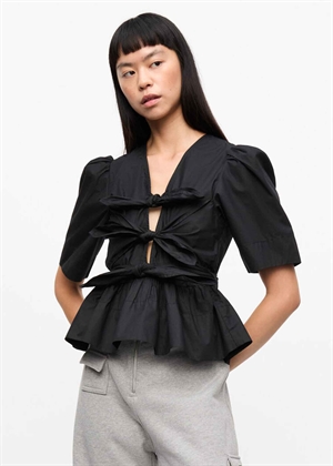 Washed stretch cotton tie strap bluse Black W0378 Ganni 