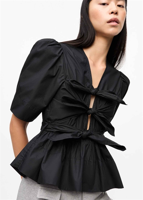 Washed stretch cotton tie strap bluse Black W0378 Ganni 