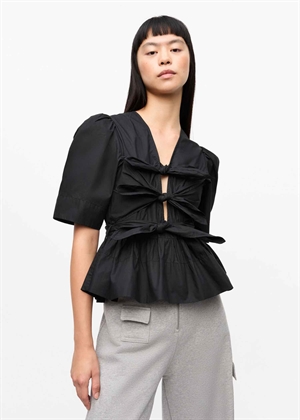Washed stretch cotton tie strap bluse Black W0378 Ganni 