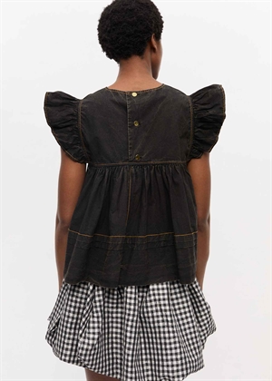 Garment dyed cotton frill sleeve top Sort W0587 Ganni 