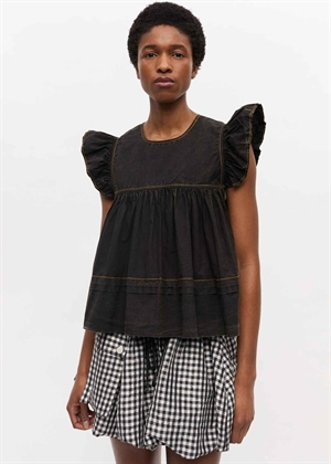 Garment dyed cotton frill sleeve top Sort W0587 Ganni 