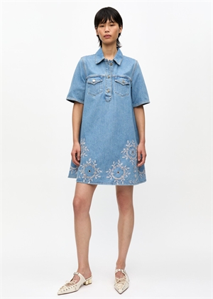 Broderie Anglaise denim mini kjole Light Blue Stone J1694 Ganni 