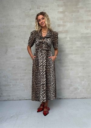 Printed cotton tie strap midi kjole Leopard W0373 Ganni 