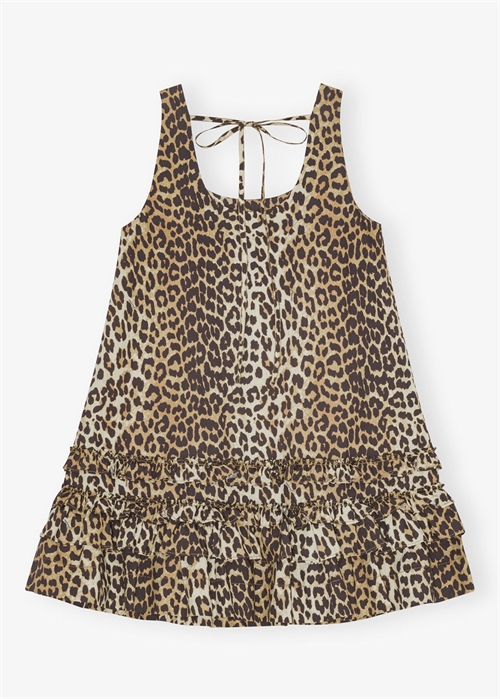 Printed cotton poplin U-neck mini kjole Leopard W0906 Ganni 